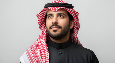 Young Arab Man in Traditional Saudi Ghutra and Thobe Looking Up