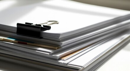 Stack of white papers held together by a black binder clip. Documents are piled high, with some colored pages peeking from underneath. Bright, natural light.