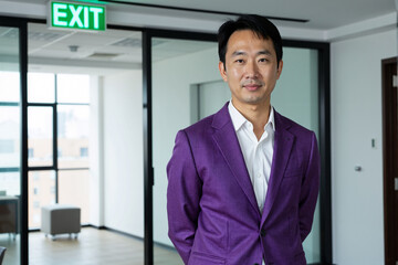 stylish Asian businessman in a sharp purple blazer stands confidently in a modern glass-walled office hallway, a striking image of a contemporary, fashionable, and successful corporate leader