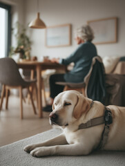  impaired person sitting at a table with a guide dog lying close