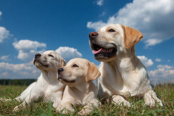 two golden retriever puppies with mom