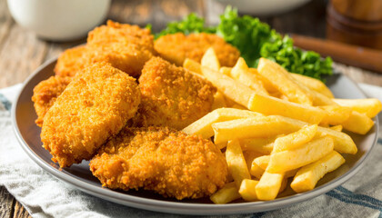Crispy golden nuggets served with fluffy golden fries create delightful comfort food experience that is both satisfying and delicious. Perfect for any meal