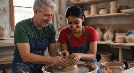 Skilled potter teaches young woman pottery techniques in a vibrant workshop studio amongst clay creations
