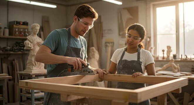 Skilled artisans collaborate crafting a wooden frame in a sunlit workshop teamwork artistry woodworking craftsmanship