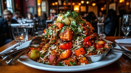 A large, piled high dish of flavorful rice and vegetables.  The dish is a vibrant mix of textures and colors, garnished with fresh herbs, sitting on a large white platter in a restaurant