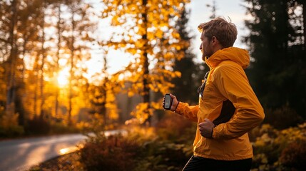 A man runs through a fall forest, sunlight streams through trees