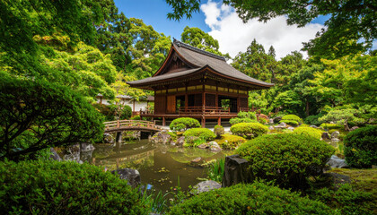 Serene temple complex nestled amidst vibrant green of ancient gardens, showcasing tranquil pond and lush foliage, inviting peace and reflection