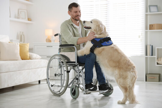 Man in wheelchair with his service dog at home