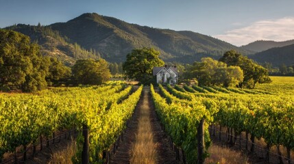 Obraz premium Vineyard Landscape with House and Mountains