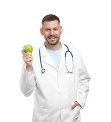 Nutritionist with green apple and stethoscope on white background