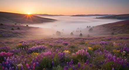 Obraz premium Golden Sunrise Over Meadow: A breathtaking vista of rolling hills adorned with vibrant wildflowers, bathed in the warm glow of a rising sun, and shrouded in a mystical morning mist. 