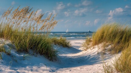 Sandy Beach Path with Golden Grass and Distant Sailboat