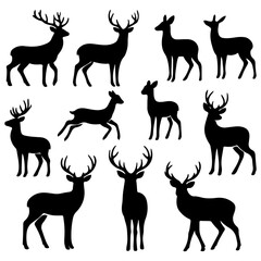 Deer silhouettes vector set, standing and running deer, side view, isolated wild animal shapes