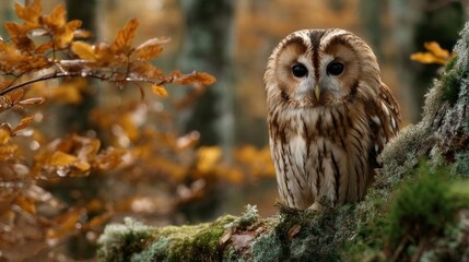 Tawny Owl Perched on Mossy Branch in Autumn Forest