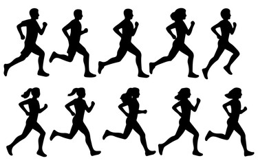 Running people silhouettes, vector joggers in motion, side view of male and female runners, black silhouette set on white background
