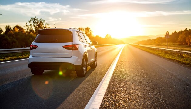 Rear view of a white SUV driving on a highway at sunset, highlighting the golden hour glow