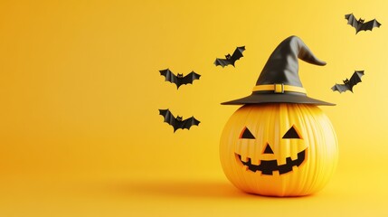 Pumpkin With Witch Hat and Bats for Halloween