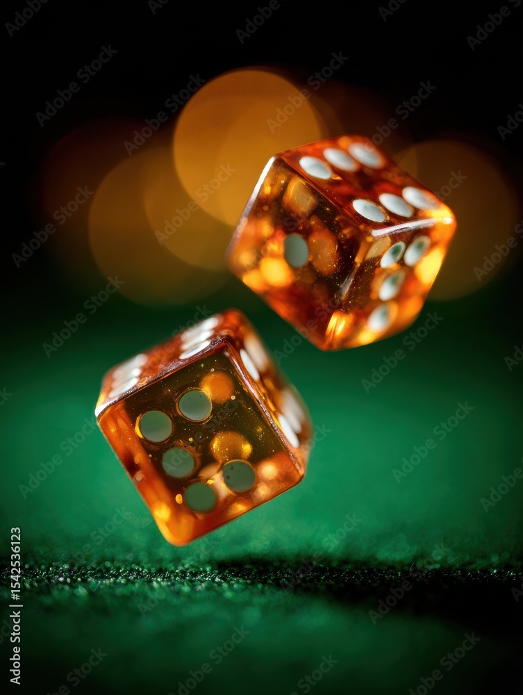 Poster Dramatic Close-Up of Spinning Dice on Green Felt With Glowing Light Source Showcasing Movement and Excitement in a Gaming Environment
