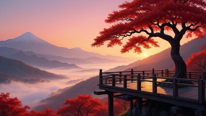 Sunrise over misty mountains red tree wooden deck Autumn Landscape