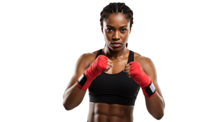 Powerful Female Boxer with Red Hand Wraps Fierce Expression.