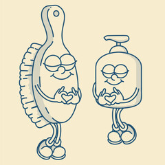 Charming brush and liquid soap bottle mascots. Vintage eco-friendly duo for spa or home cleaning packaging