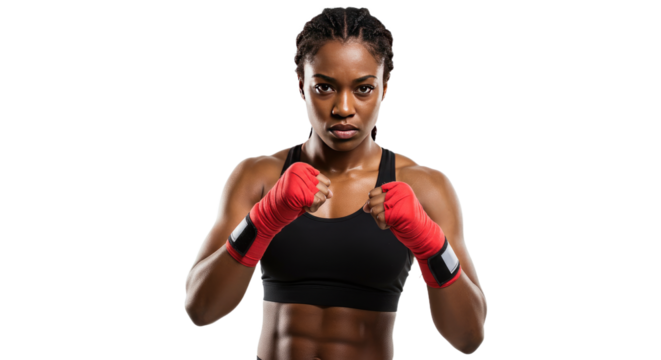 Powerful Female Boxer with Red Hand Wraps Fierce Expression.