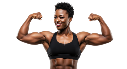 Powerful Woman Flexing Biceps in Black Sports Bra.
