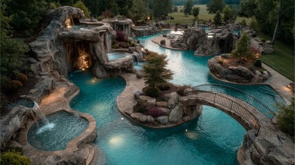 Luxury Resort Pool with Rock Formations at Dusk