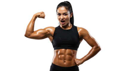 Powerful Muscular Woman Flexing Bicep Athletic Female Bodybuilder.