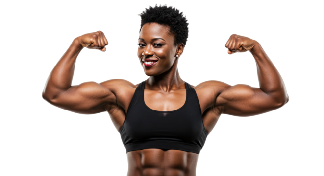 Powerful Woman Flexing Biceps in Black Sports Bra.