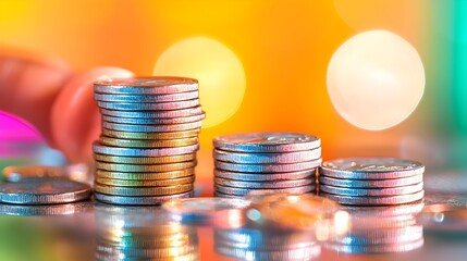 Growing coin stacks, financial success, bokeh background, investment