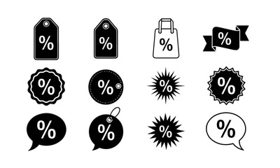 Black and White Percentage Signs: Discount, Sale, and Promotion Icons. A versatile set of black and white percentage icons for sales, discounts, and promotions.