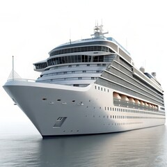 Naklejka premium Modern luxury cruise liner docked on calm waters, showcasing sleek design and multiple decks, ideal for travel or vacation themes.