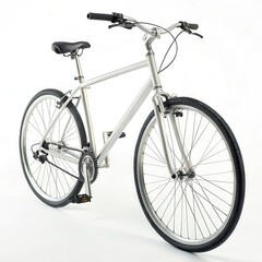 Fototapeta premium Minimalist silver bike with black tires and ergonomic design, isolated on white background, perfect for urban commuting or fitness themes.