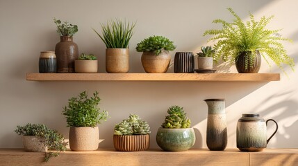 Fototapeta premium Sunlit Succulents and Pottery on Wooden Shelves