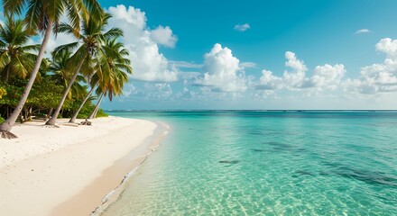 Fototapeta premium Tropical Paradise: A pristine beach with crystal-clear turquoise waters, under a vibrant blue sky adorned with fluffy clouds, creates a serene escape.