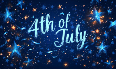 Festive banner for independence day celebrations, featuring sparkling stars, ribbons, and the inscription 4th of july against a dark blue background