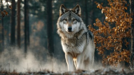 Obraz premium Grey Wolf in Misty Autumn Forest
