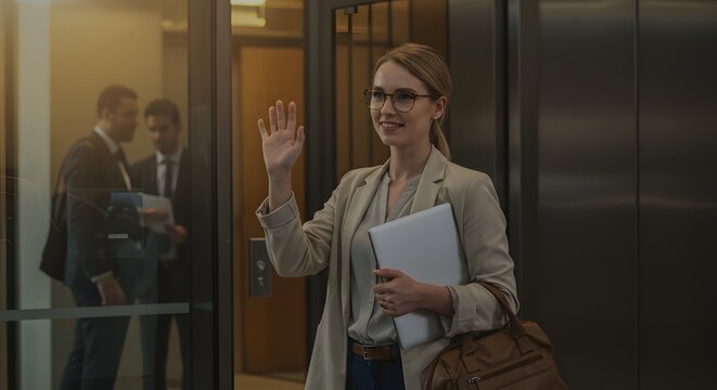 Successful businesswoman waves goodbye near office elevator holding laptop and bag showcasing modern professional life