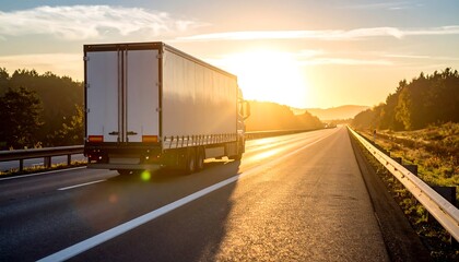 Obraz premium A large white semi-truck drives on the highway at sunrise as golden sunlight floods the landscape.