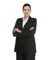 Confident business woman in suit on white background