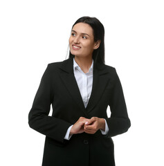 Confident business woman in suit on white background