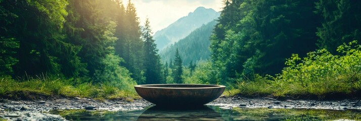 a bowl sitting on top of a river in a forest