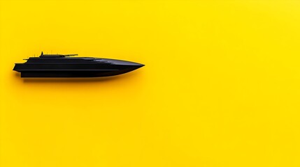 Black speedboat model on yellow, minimalist background