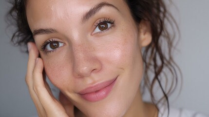 A woman with brown hair and brown eyes is smiling and has her hand on her face