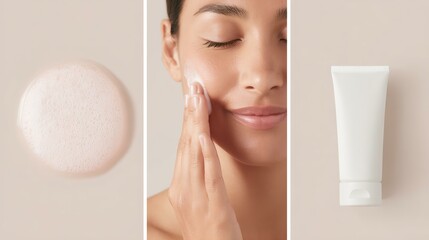A woman is applying makeup to her face