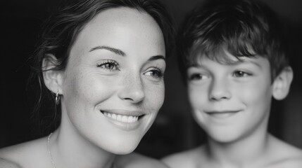 A woman and a boy are smiling at the camera