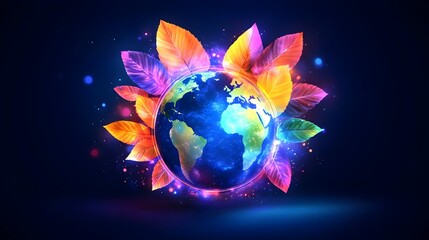 Glowing Earth, leaves, dark background, environmental concept