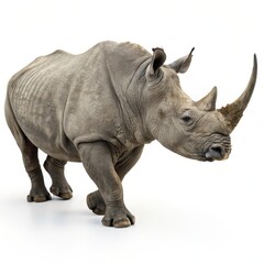 Massive rhinoceros walking forward with thick skin and prominent horn, isolated on white background, symbolizing strength and wildlife conservation.