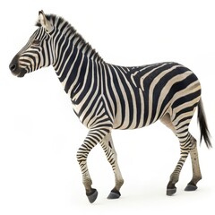 Side view of a zebra in motion, showcasing its distinctive black and white stripes, isolated on a clean white background.